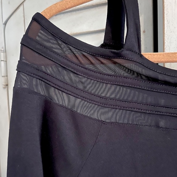 Cable and Gauge Cold Shoulder 3/4 Length Sleeve Top Mesh Neckline Black - Picture 6 of 14